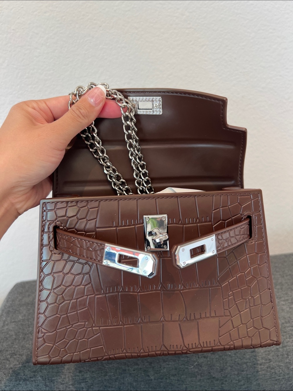 Classic Croc-Embossed Top-Handle Bag in Brown jelly material - Picture 4 of 4